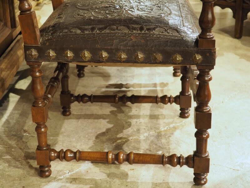 Antique Spanish Walnut and Embossed Leather Bench with Rams’ Heads, 19th Century - Image 7