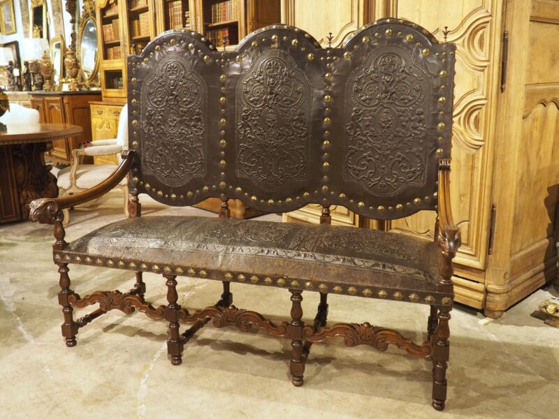 Antique Spanish Walnut and Embossed Leather Bench with Rams’ Heads, 19th Century - Image 8