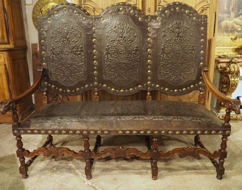 Antique Spanish Walnut and Embossed Leather Bench with Rams’ Heads, 19th Century - Image 9