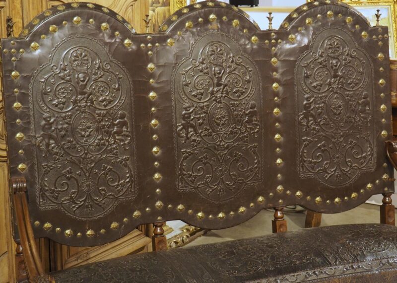 Antique Spanish Walnut and Embossed Leather Bench with Rams’ Heads, 19th Century - Image 10