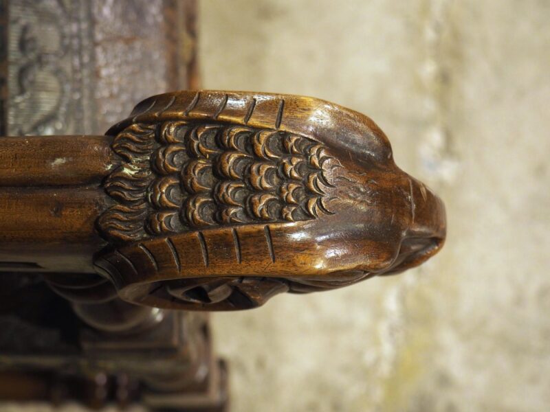 Antique Spanish Walnut and Embossed Leather Bench with Rams’ Heads, 19th Century - Image 11