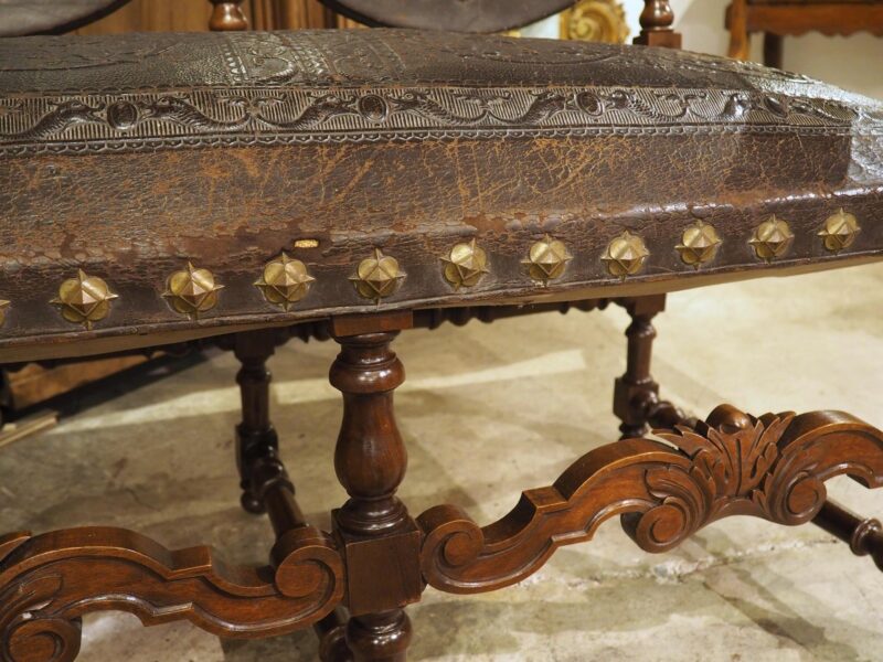 Antique Spanish Walnut and Embossed Leather Bench with Rams’ Heads, 19th Century - Image 3