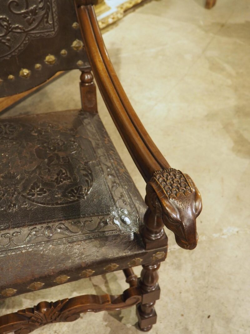 Antique Spanish Walnut and Embossed Leather Bench with Rams’ Heads, 19th Century - Image 4