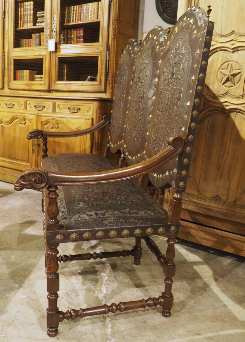 Antique Spanish Walnut and Embossed Leather Bench with Rams’ Heads, 19th Century - Image 5