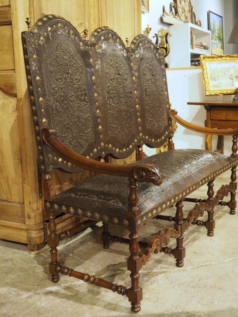 Antique Spanish Walnut and Embossed Leather Bench with Rams’ Heads, 19th Century - Image 6