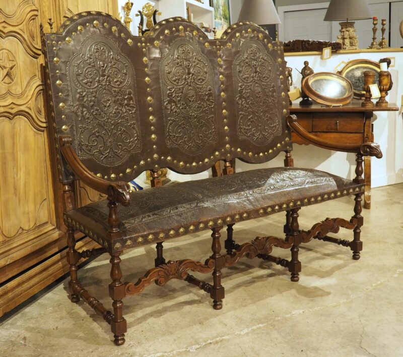 Antique Spanish Walnut and Embossed Leather Bench with Rams’ Heads, 19th Century