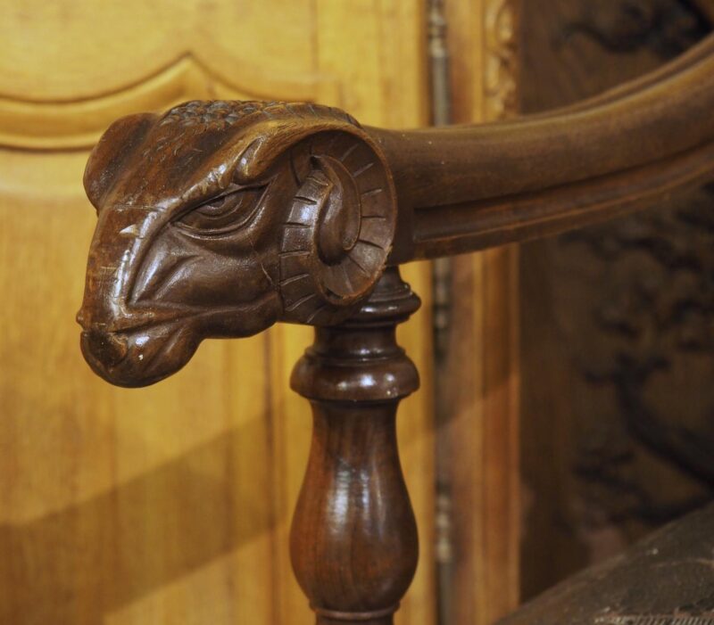 Antique Spanish Walnut and Embossed Leather Bench with Rams’ Heads, 19th Century - Image 12