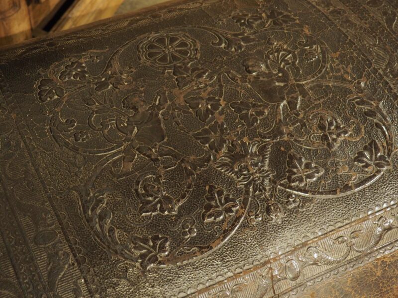 Antique Spanish Walnut and Embossed Leather Bench with Rams’ Heads, 19th Century - Image 19