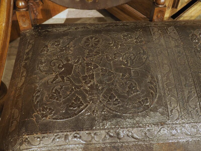 Antique Spanish Walnut and Embossed Leather Bench with Rams’ Heads, 19th Century - Image 20