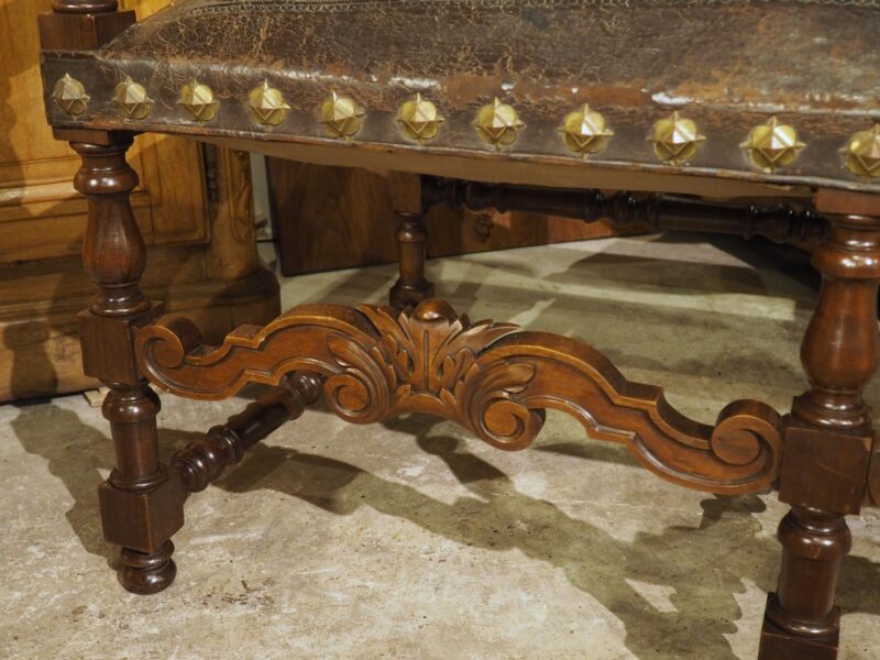 Antique Spanish Walnut and Embossed Leather Bench with Rams’ Heads, 19th Century - Image 13