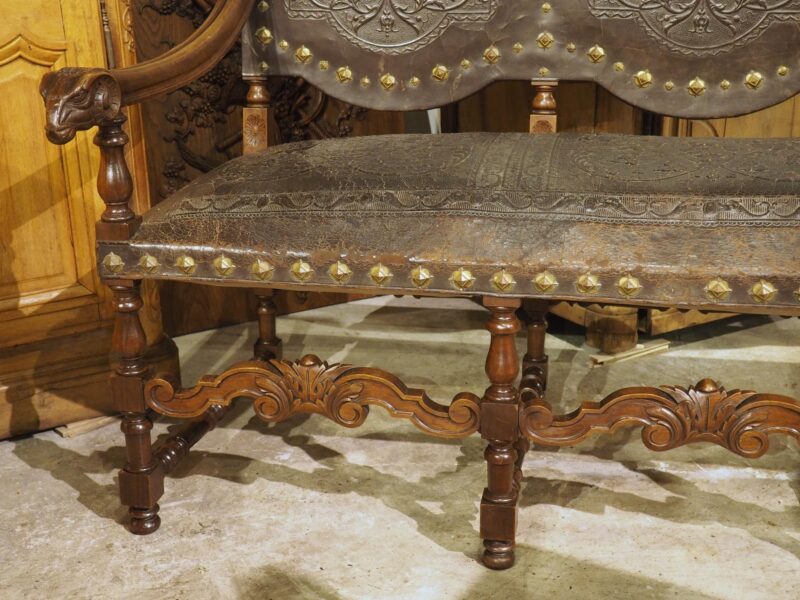 Antique Spanish Walnut and Embossed Leather Bench with Rams’ Heads, 19th Century - Image 15