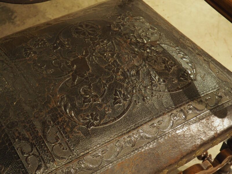 Antique Spanish Walnut and Embossed Leather Bench with Rams’ Heads, 19th Century - Image 18