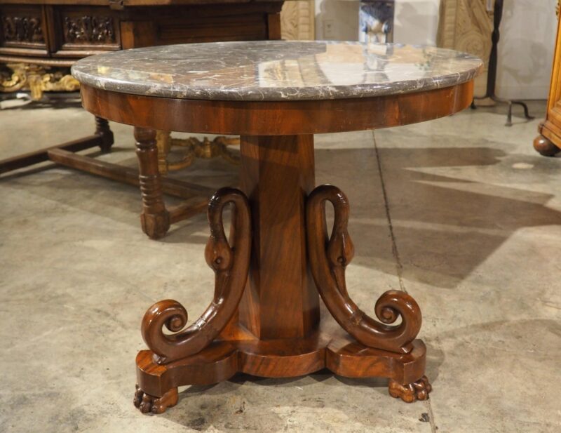 A French Empire Style Mahogany Center Table with Swans and Marble Top, 19th C.