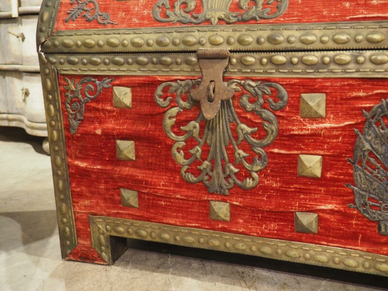 18th Century Domed Venetian Chest with Crimson Velvet and Wrought Iron Hardware - Image 5