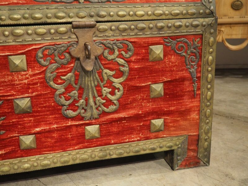 18th Century Domed Venetian Chest with Crimson Velvet and Wrought Iron Hardware - Image 6