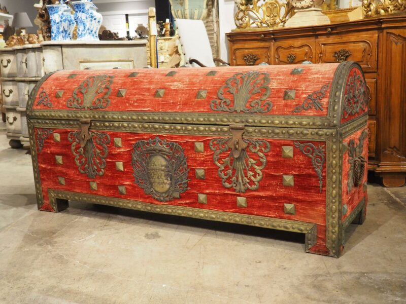 18th Century Domed Venetian Chest with Crimson Velvet and Wrought Iron Hardware