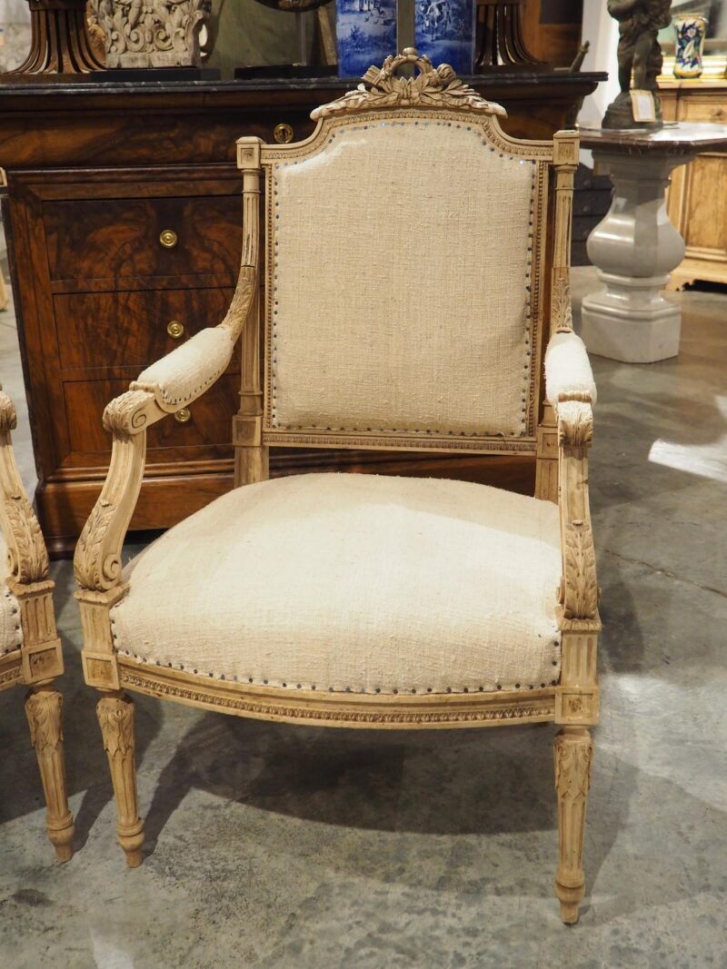 Pair of Bleached Antique Louis XVI Style Fauteuil Armchairs, Circa 1890 - Image 6