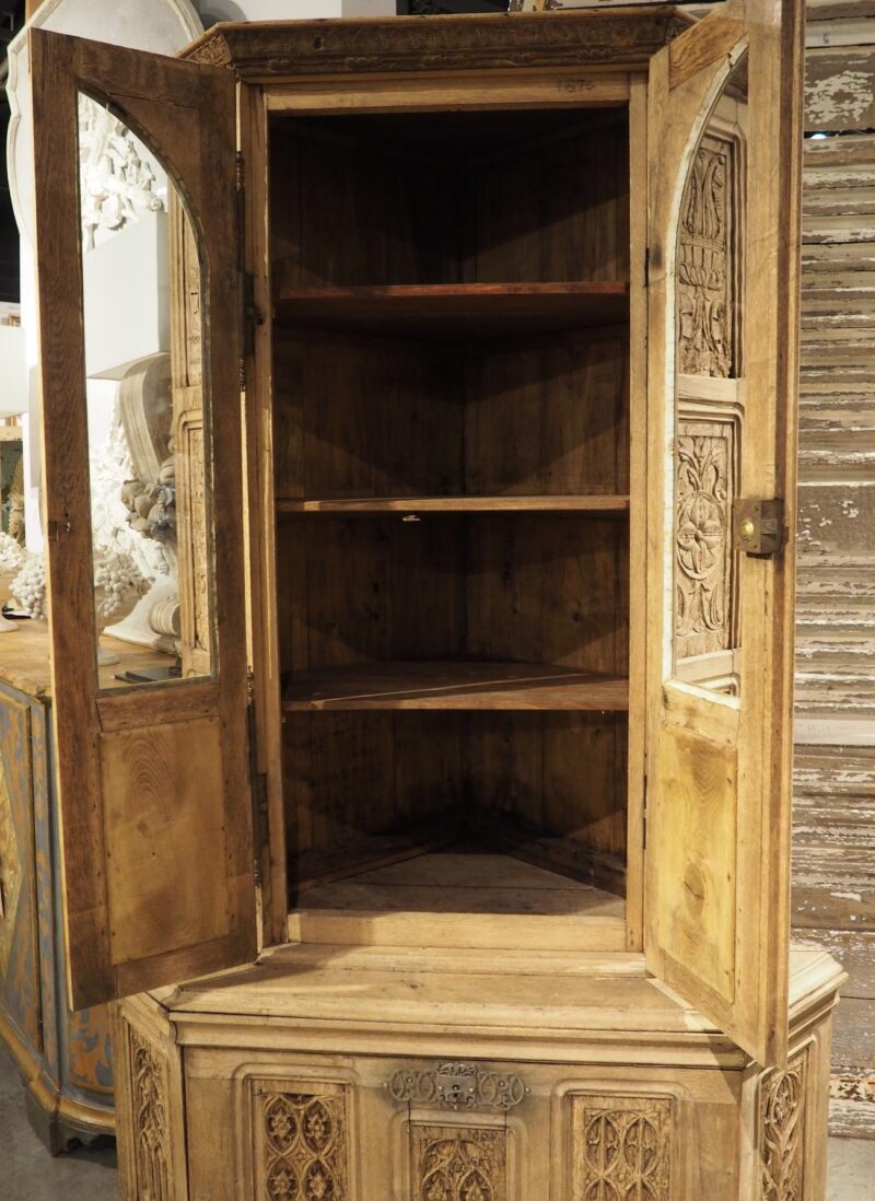 19th Century French Caved Oak Corner Cabinet Vitrine with Period Gothic Panels - Image 12