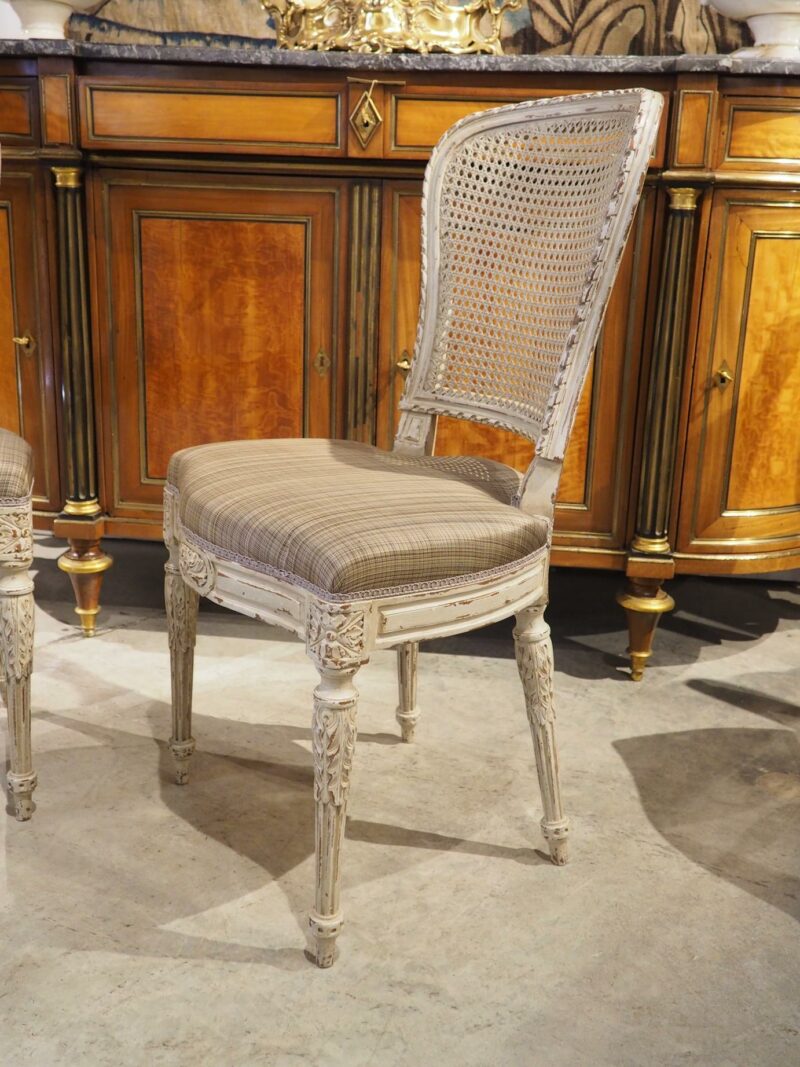 Six French Louis XVI Style Lacquered Chairs in Carved Beech and Caning, 19th C. - Image 4