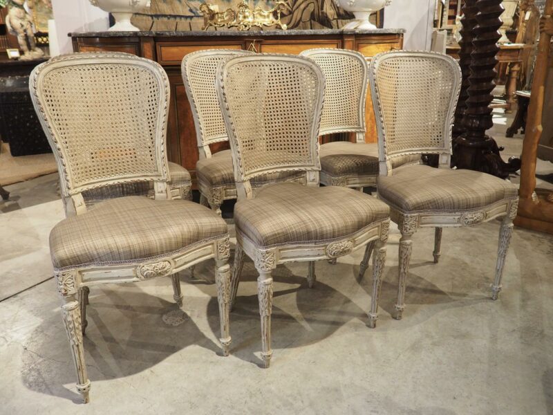 Six French Louis XVI Style Lacquered Chairs in Carved Beech and Caning, 19th C.