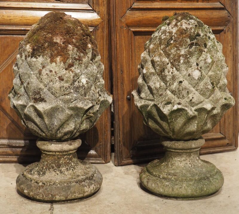 Pair of Reconstituted Stone Pineapple Finials from Belgium, Circa 1970s