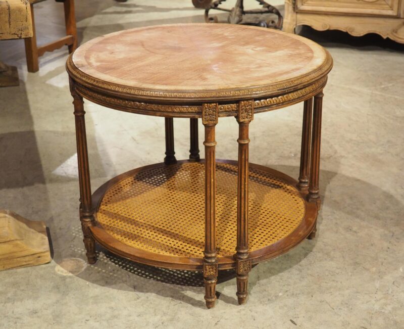 Early 1900s French Louis XVI Style Marble Top Side Table with Caned Lower - Image 2