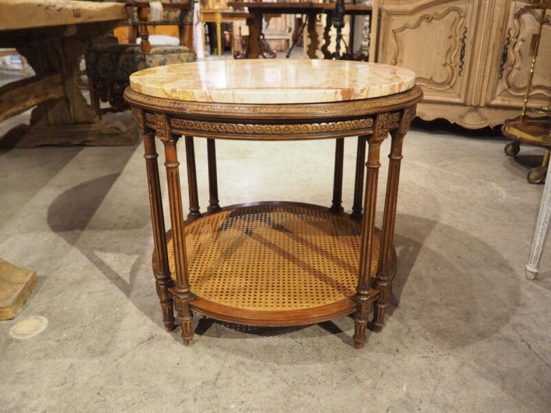 Early 1900s French Louis XVI Style Marble Top Side Table with Caned Lower - Image 3