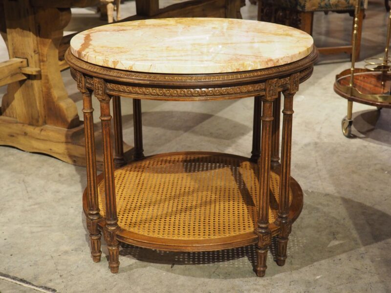 Early 1900s French Louis XVI Style Marble Top Side Table with Caned Lower - Image 9