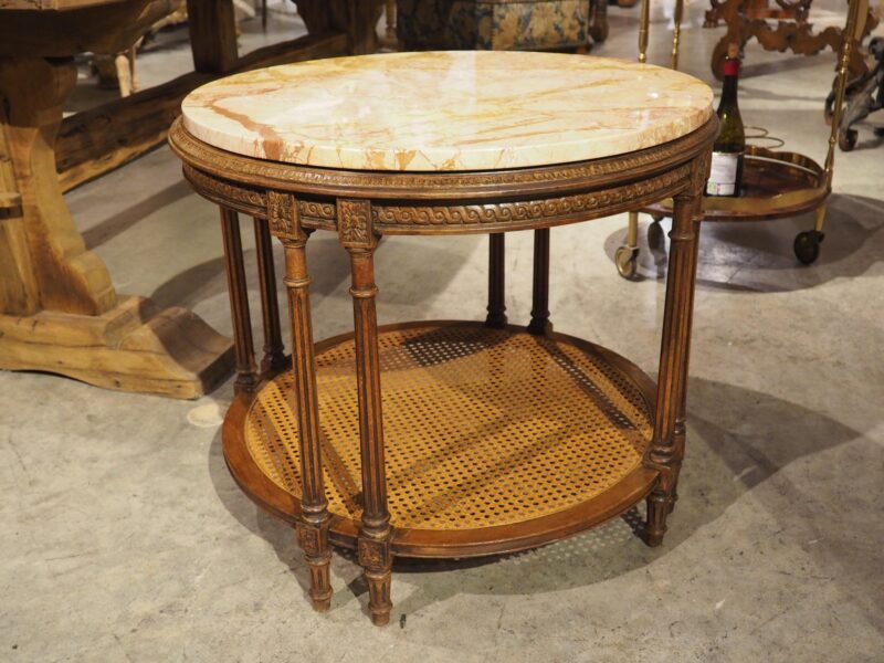 Early 1900s French Louis XVI Style Marble Top Side Table with Caned Lower