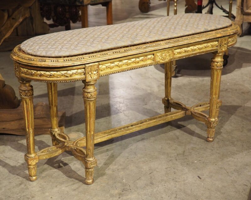 Antique French Louis XVI Style Giltwood Caned Bench, C. 1885 - Image 9