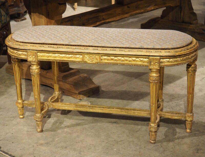 Antique French Louis XVI Style Giltwood Caned Bench, C. 1885