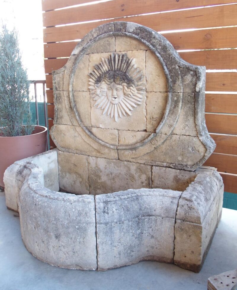 Beautifully Carved French Sunburst Wall Fountain in Aged Limestone