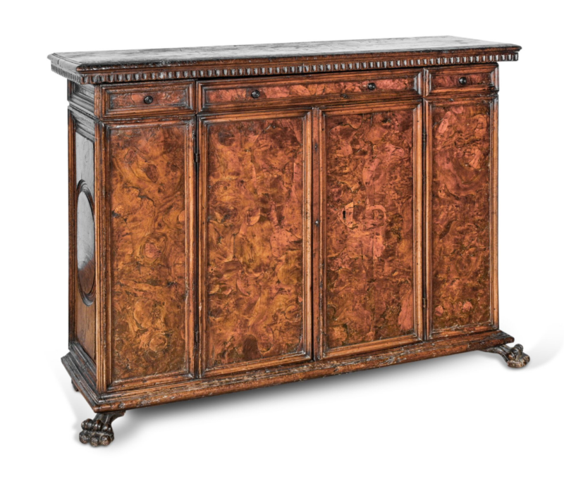 18th Century Italian Burl Walnut Credenza Lion Paw Feet