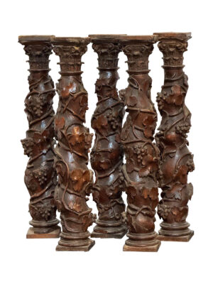 Set of 5 Antique Iberian Carved Solomonic Table Columns