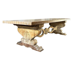 Substantial 300cm Early 1900's French Dining Table with Shaped Stretcher and Light Whitewash