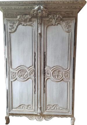 Painted Antique Carved Oak Armoire from Normandy, 19th Century
