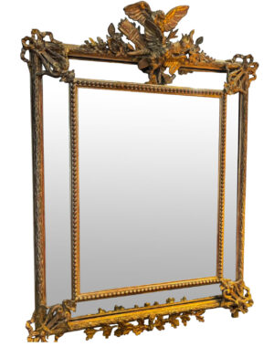 Large Circa 1850 French Giltwood Cushion Mirror with Crest of Birds