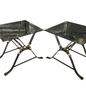 Pair of Beautiful French 1940s Wrought Iron, Gilded Brass and Biseaute Glass Side Tables