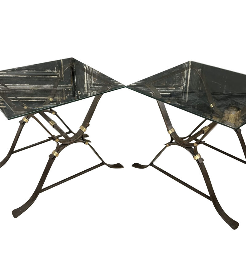 Pair of Beautiful French 1940s Wrought Iron, Gilded Brass and Biseaute Glass Side Tables