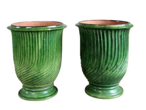 Pair of Striking Green Striated Terra Cotta Anduze Pots