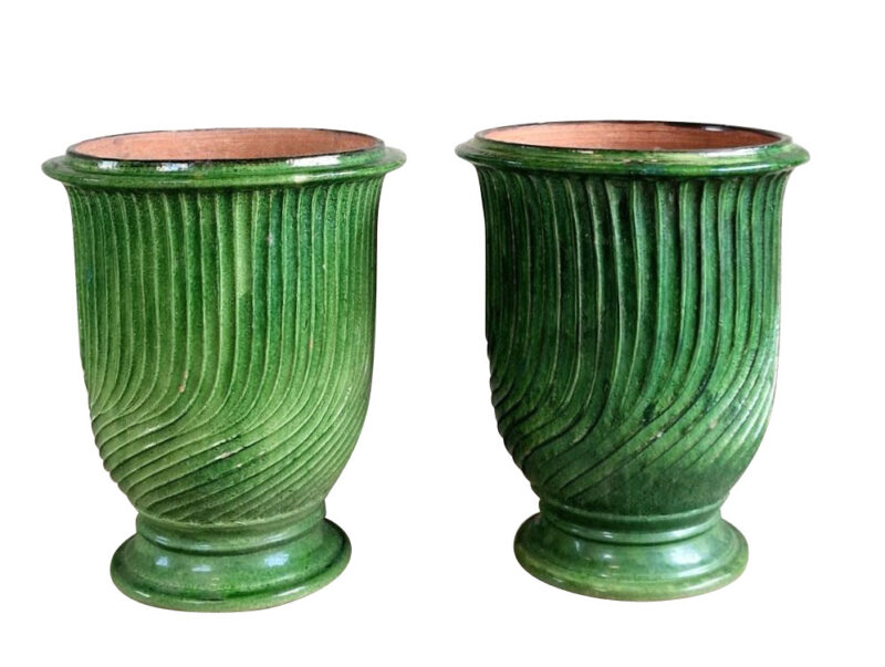 Pair of Striking Green Striated Terra Cotta Anduze Pots