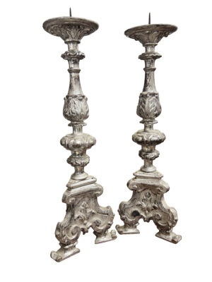 Pair of Silvered Antique Italian Candlesticks