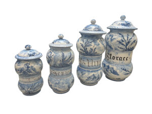 A Set of 4 Hand Painted Blue and White Lidded Albisola Pots, Italy