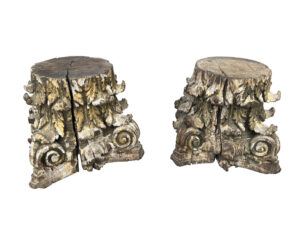 Pair of Italian Wooden Parcel Gilt Column Capitals, 17th Century