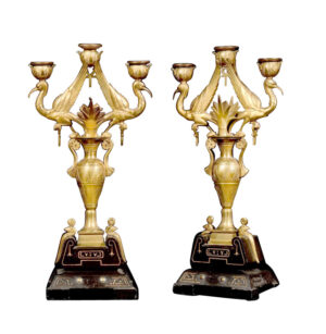 Unusual Pair of Antique French Neo-Egyptian Bronze Candelabras, 19th Century