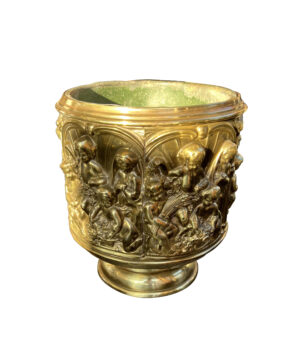 Small French Brass Repousse Jardiniere of the Putti Harvesters