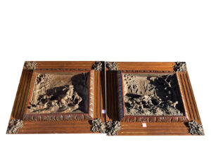 Pair of Large 19th Century Oak Framed Repousse Hunt Plaques by Lecourtier